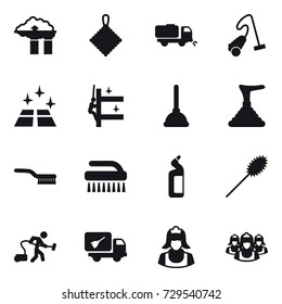 16 vector icon set : factory filter, rag, sweeper, vacuum cleaner, clean floor, skyscrapers cleaning, plunger, brush, toilet cleanser, duster, home call cleaning, cleaner, outsource