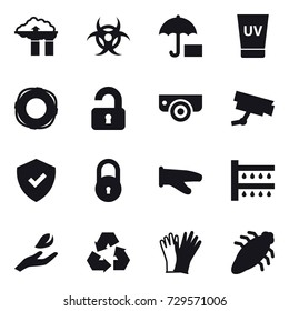 16 vector icon set : factory filter, uv cream, lifebuoy, unlocked, surveillance camera, cook glove, watering, hand leaf, recycling, gloves, bug