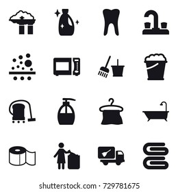 16 vector icon set : factory filter, cleanser, water tap, bucket and broom, foam bucket, vacuum cleaner, liquid soap, hanger, bath, toilet paper, garbage bin, home call cleaning, stack of towels