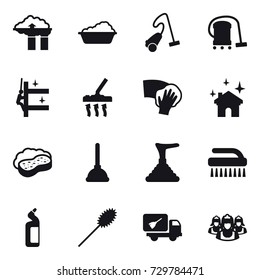 16 vector icon set : factory filter, washing, vacuum cleaner, skyscrapers cleaning, wiping, house cleaning, sponge with foam, plunger, brush, toilet cleanser, duster, home call cleaning, outsource