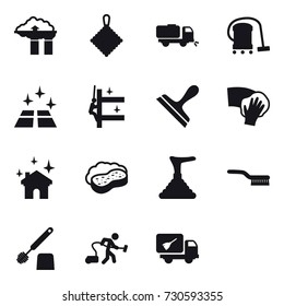 16 vector icon set : factory filter, rag, sweeper, vacuum cleaner, clean floor, skyscrapers cleaning, scraper, wiping, house cleaning, sponge with foam, plunger, brush, toilet brush