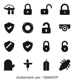 16 vector icon set : factory filter, lock, unlock, lifebuoy, unlocked, surveillance camera, cook glove, scarecrow, dry wash, bug