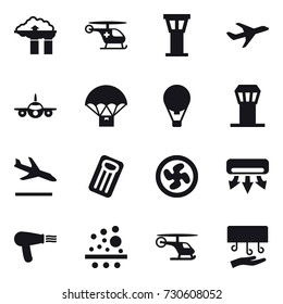 16 vector icon set : factory filter, airport tower, air ballon, arrival, inflatable mattress, cooler fan, air conditioning, hair dryer, hand dryer