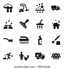 16 vector icon set : factory filter, vacuum cleaner, sweeper, clean floor, scraper, house cleaning, brush, toilet cleanser, toilet brush, toilet cleaning, home call cleaning, outsource