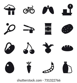 16 vector icon set : factory filter, bike, tennis, garlic clasp, cherry, beet, bread, egg, carrot, peas, shampoo