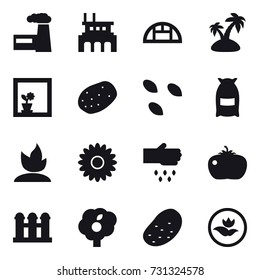 16 vector icon set : factory, greenhouse, island, flower in window, seeds, flour, sprouting, flower, sow, tomato, grain elevator, garden, potato, ecology