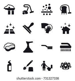 16 vector icon set : factory filter, vacuum cleaner, clean floor, scraper, wiping, house cleaning, sponge with foam, plunger, brush, toilet cleanser, toilet brush, toilet cleaning, outsource