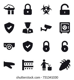 16 vector icon set : factory filter, lock, unlock, surveillance, safe, surveillance camera, cook glove, watering, garbage bin, bug