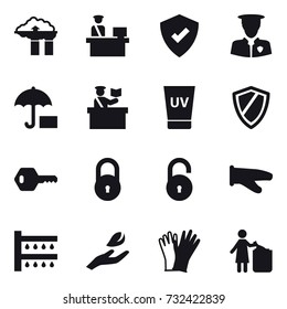16 vector icon set : factory filter, inspector, uv cream, shield, key, cook glove, watering, hand leaf, gloves, garbage bin