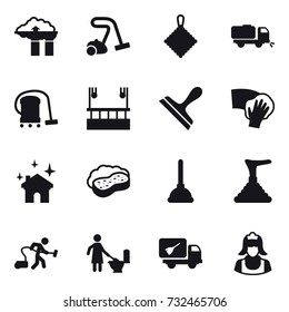 16 vector icon set : factory filter, vacuum cleaner, rag, sweeper, skyscapers cleaning, scraper, wiping, house cleaning, sponge with foam, plunger, toilet cleaning, home call cleaning, cleaner