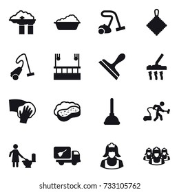 16 vector icon set : factory filter, washing, vacuum cleaner, rag, skyscapers cleaning, scraper, wiping, sponge with foam, plunger, toilet cleaning, home call cleaning, cleaner, outsource