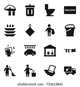 16 Vector Icon Set : Factory Filter, Bin, Toilet, Welcome Mat, Plate Washing, Rag, Trash, Foam Bucket, Wiping, Car Wash, Utility Room, Drying Clothe, Brooming, Garbage Bin, Floor Washing