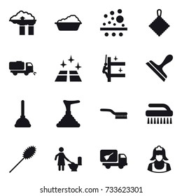 16 vector icon set : factory filter, washing, rag, sweeper, clean floor, skyscrapers cleaning, scraper, plunger, brush, duster, toilet cleaning, home call cleaning, cleaner