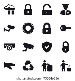 16 vector icon set : factory filter, lock, unlock, surveillance, lifebuoy, locked, key, surveillance camera, cook glove, recycling, garbage bin
