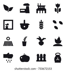 16 vector icon set : factory, flower in window, seeds, field, seedling, beet, sprouting, sow, tomato, grain elevator, fertilizer