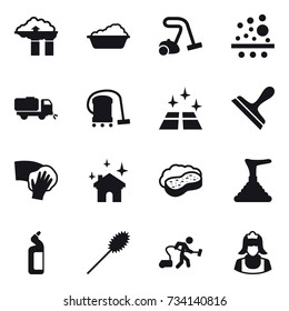 16 vector icon set : factory filter, washing, vacuum cleaner, sweeper, clean floor, scraper, wiping, house cleaning, sponge with foam, plunger, toilet cleanser, duster, cleaner