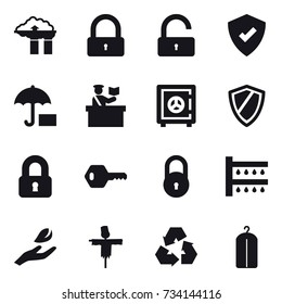16 vector icon set : factory filter, lock, unlock, inspector, safe, shield, locked, key, watering, hand leaf, scarecrow, recycling, dry wash