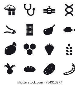 16 vector icon set : factory filter, walnut crack, honeycombs, berry, spikelets, beet, bread, potato, peas