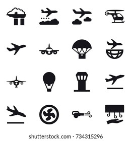 16 vector icon set : factory filter, weather management, journey, plane, air ballon, airport tower, departure, arrival, cooler fan, blower, hand dryer