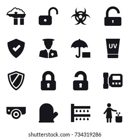 16 vector icon set : factory filter, unlock, uv cream, shield, locked, unlocked, intercome, surveillance camera, cook glove, watering, garbage bin