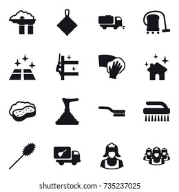 16 vector icon set : factory filter, rag, sweeper, vacuum cleaner, clean floor, skyscrapers cleaning, wiping, house cleaning, sponge with foam, plunger, brush, duster, home call cleaning, cleaner