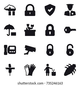 16 vector icon set : factory filter, lock, inspector, locked, key, intercome, scarecrow, gloves, garbage bin, bug