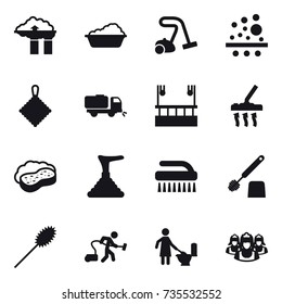 16 vector icon set : factory filter, washing, vacuum cleaner, rag, sweeper, skyscapers cleaning, sponge with foam, plunger, brush, toilet brush, duster, toilet cleaning, outsource