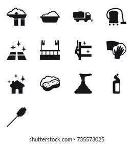 16 vector icon set : factory filter, washing, sweeper, vacuum cleaner, clean floor, skyscapers cleaning, skyscrapers cleaning, wiping, house cleaning, sponge with foam, plunger, toilet cleanser