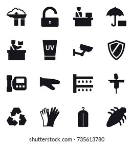 16 vector icon set : factory filter, unlock, inspector, uv cream, surveillance, shield, intercome, cook glove, watering, scarecrow, recycling, gloves, dry wash, bug