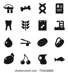 16 vector icon set : factory filter, bone, pool, drop, garlic clasp, cherry, jug, fish