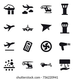 16 vector icon set : factory filter, journey, airport tower, deltaplane, departure, inflatable mattress, cooler fan, hair dryer, blower, hand dryer