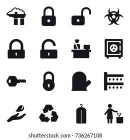 16 vector icon set : factory filter, lock, unlock, safe, key, cook glove, watering, hand leaf, recycling, dry wash, garbage bin