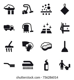 16 vector icon set : factory filter, vacuum cleaner, rag, sweeper, clean floor, skyscrapers cleaning, wiping, sponge with foam, plunger, brush, toilet cleanser, toilet cleaning