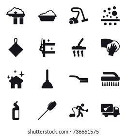 16 vector icon set : factory filter, washing, vacuum cleaner, rag, skyscrapers cleaning, wiping, house cleaning, plunger, brush, toilet cleanser, duster, home call cleaning