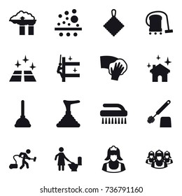 16 vector icon set : factory filter, rag, vacuum cleaner, clean floor, skyscrapers cleaning, wiping, house cleaning, plunger, brush, toilet brush, toilet cleaning, cleaner, outsource