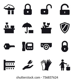 16 vector icon set : factory filter, lock, unlock, inspector, shield, key, intercome, surveillance camera, watering, hand leaf, gloves, garbage bin