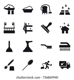 16 vector icon set : factory filter, washing, vacuum cleaner, clean floor, skyscapers cleaning, skyscrapers cleaning, scraper, house cleaning, plunger, brush, toilet brush, duster