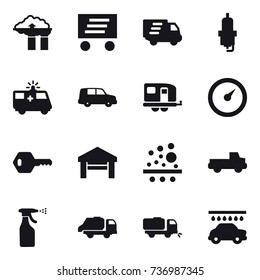 16 vector icon set : factory filter, delivery, spark plug, trailer, barometer, key, garage, pickup, sprayer, trash truck, sweeper, car wash