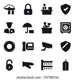 16 vector icon set : factory filter, lock, inspector, safe, lifebuoy, intercom, cook glove, watering, dry wash