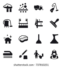 16 vector icon set : factory filter, sweeper, vacuum cleaner, skyscapers cleaning, skyscrapers cleaning, scraper, house cleaning, sponge with foam, plunger, brush, toilet brush, toilet cleaning