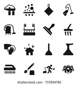 16 vector icon set : factory filter, rag, vacuum cleaner, skyscapers cleaning, scraper, wiping, house cleaning, plunger, brush, toilet brush, outsource