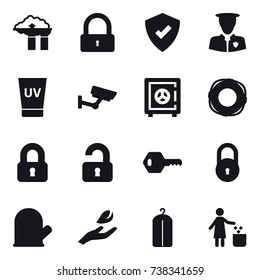 16 vector icon set : factory filter, lock, uv cream, surveillance, safe, lifebuoy, locked, unlocked, key, cook glove, hand leaf, dry wash, garbage bin