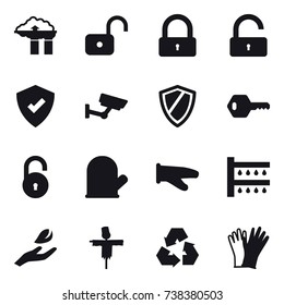 16 vector icon set : factory filter, unlock, lock, surveillance, shield, key, cook glove, watering, hand leaf, scarecrow, recycling, gloves