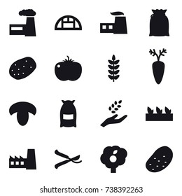 16 vector icon set : factory, greenhouse, mushroom, flour, harvest, seedling, pruner, garden, potato