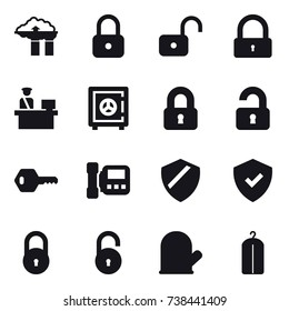 16 vector icon set : factory filter, lock, unlock, safe, locked, unlocked, key, intercome, cook glove, dry wash