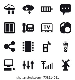 16 vector icon set : factory filter, cloude service, battery, power switch, intercome, tv, windmill