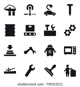 16 vector icon set : factory filter, laser, electric car, nail, repair tools, soil cutter, wrench, scraper, garbage bin