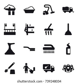 16 vector icon set : factory filter, washing, vacuum cleaner, sweeper, skyscapers cleaning, skyscrapers cleaning, plunger, brush, toilet cleanser, toilet brush, toilet cleaning, home call cleaning
