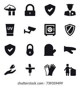 16 vector icon set : factory filter, lock, uv cream, surveillance, safe, shield, cook glove, hand leaf, scarecrow, gloves, garbage bin