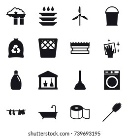 16 vector icon set : factory filter, plate washing, windmill, bucket, garbage bag, trash bin, sponge, wiping, cleanser, utility room, plunger, washing machine, drying clothe, bath, toilet paper